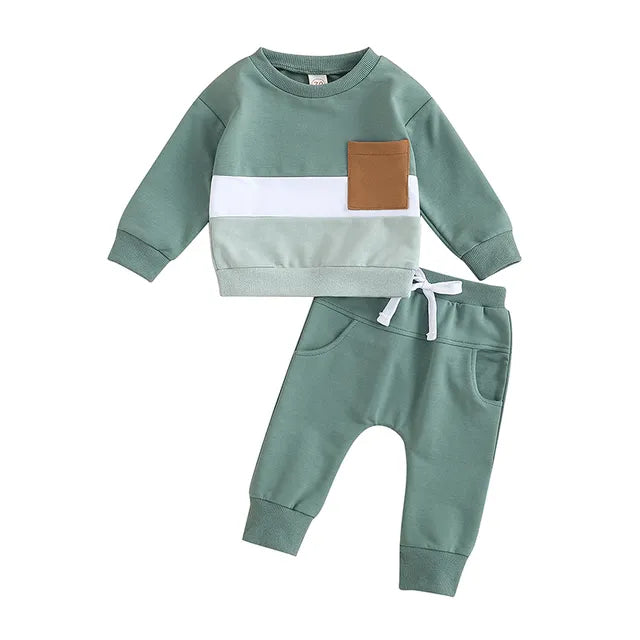 Green colorblock sweatshirt and matching joggers with a tan chest pocket