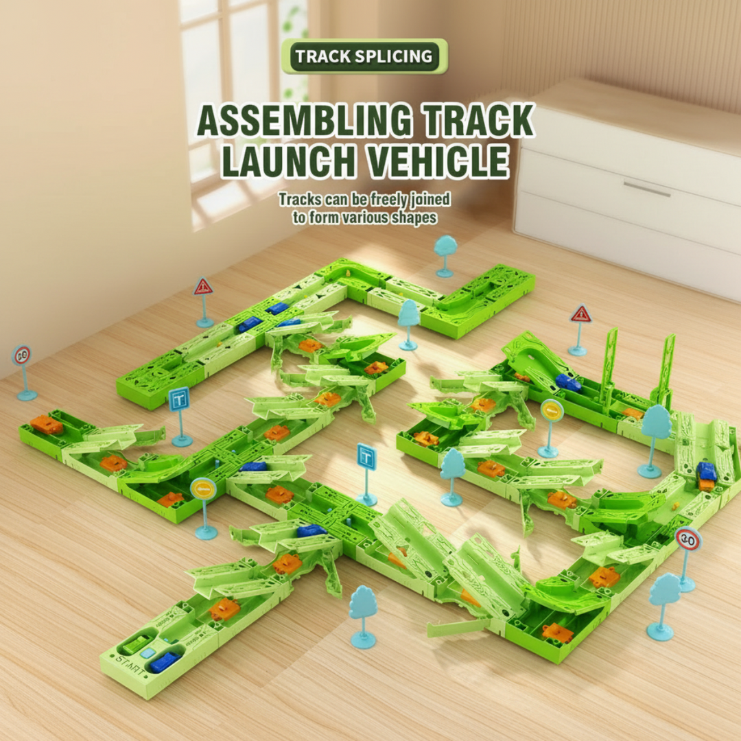 Assembled green race course showing connected track sections, cars, signs, and trees