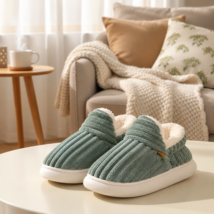 Green corduroy slippers with white plush lining on a table in front of an armchair.