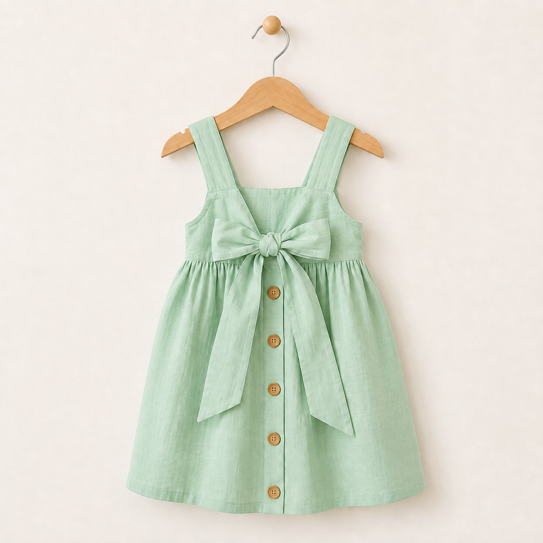 Green cotton dress on a hanger, showing the back bow and decorative buttons