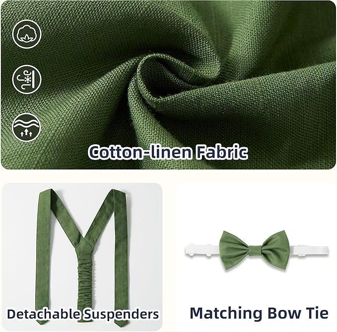 Green cotton-and-linen fabric detail with detachable suspenders and a matching bow tie