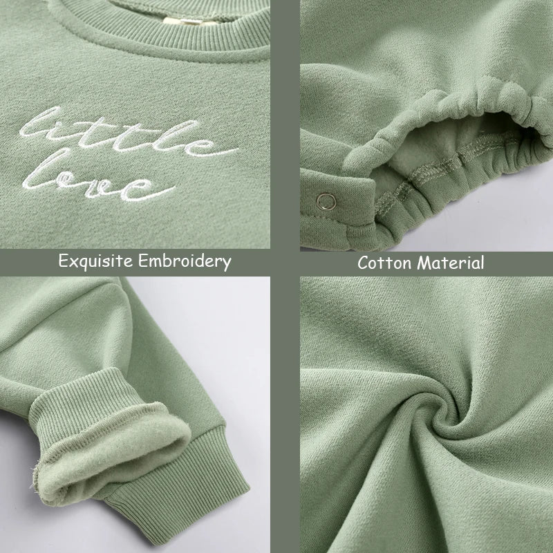 Close-ups of green cotton romper embroidery, ribbed cuffs, gathered leg openings, and fabric