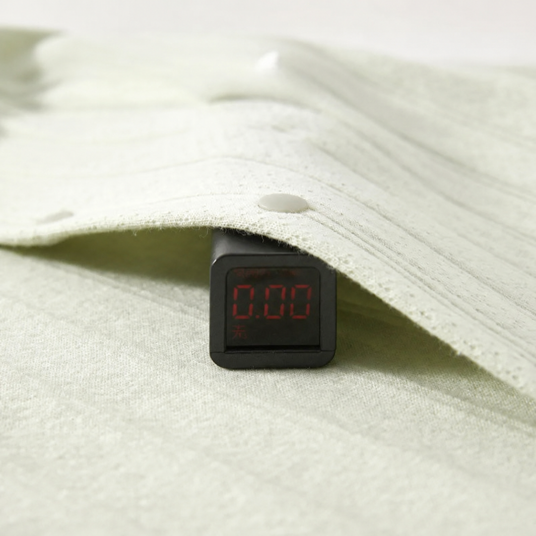 Close-up of a snap fastening on the green cotton baby romper