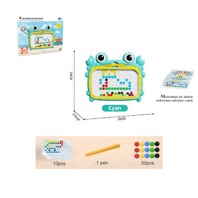 Green crab drawing board with a measurement guide, packaging, pattern cards, pen, and magnets