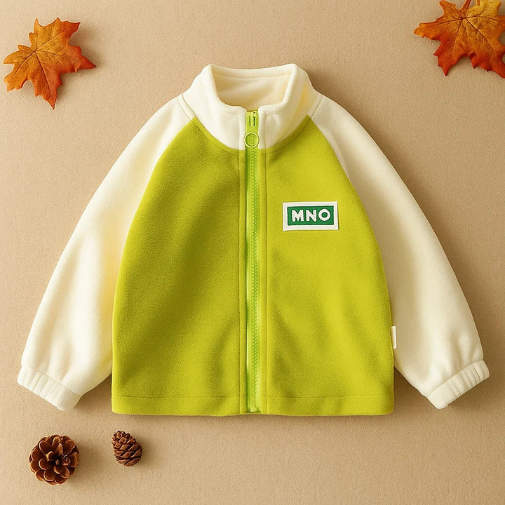 Front view of the green fleece jacket with cream sleeves and elastic cuffs