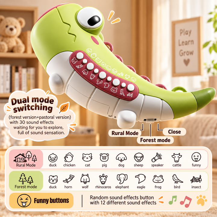 Green crocodile sound toy with a chart of animal sounds and mode-switching controls