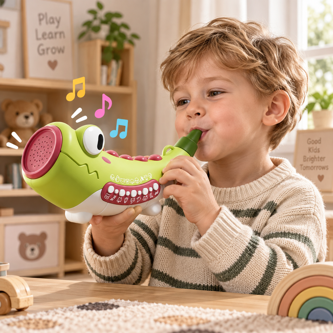 Child playing with a green crocodile-shaped musical toy at a table