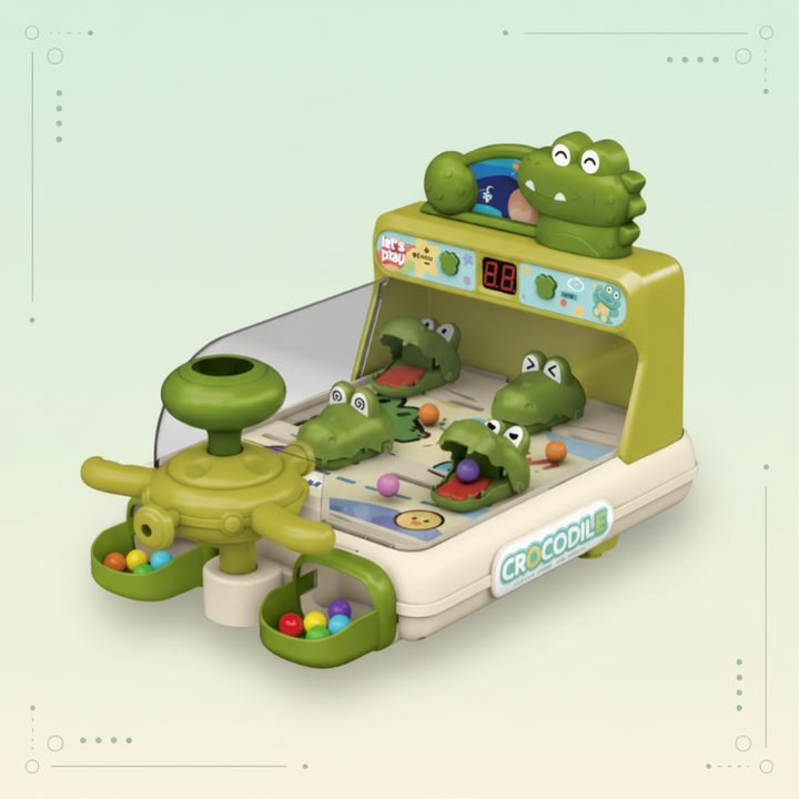 Green crocodile pinball game with moving targets and a digital scoreboard