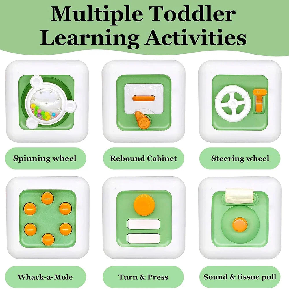 Six green cube activity panels with spinning, turning, pressing, and pulling controls