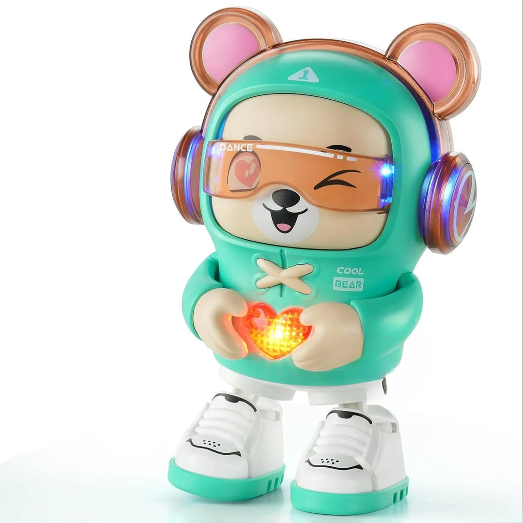 Green dancing bear toy with headphones, an orange visor, and a glowing heart