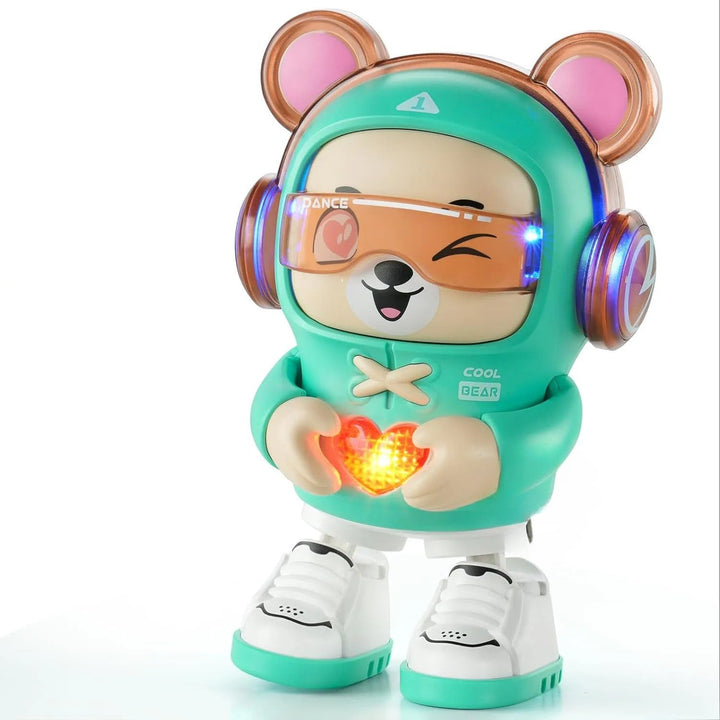 Green dancing bear toy with headphones, an orange visor, and a glowing heart