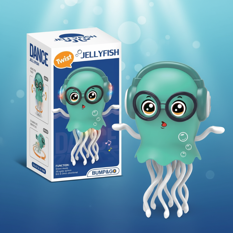 Green dancing jellyfish toy beside its retail box