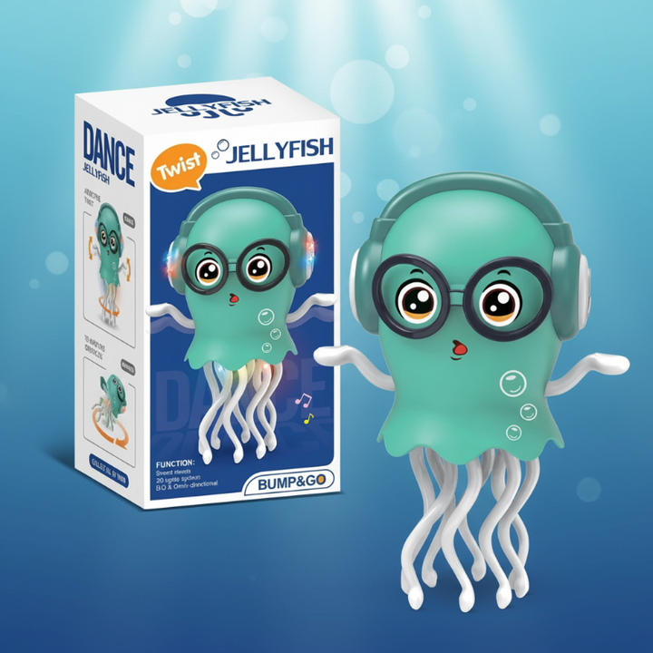 Green dancing jellyfish toy beside its retail box