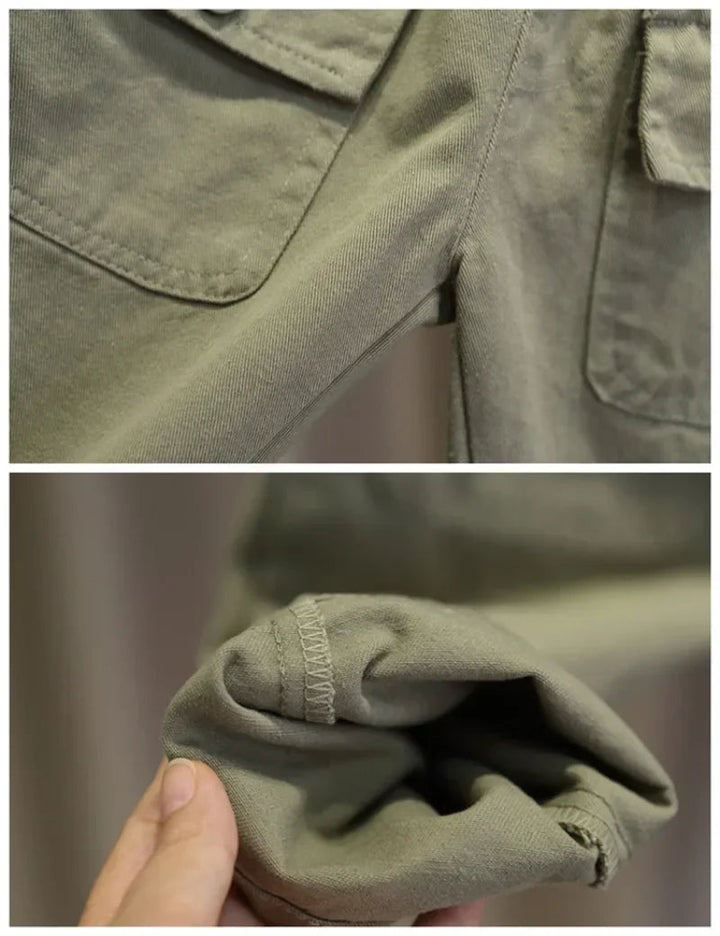 Green denim pocket stitching and folded cuff details