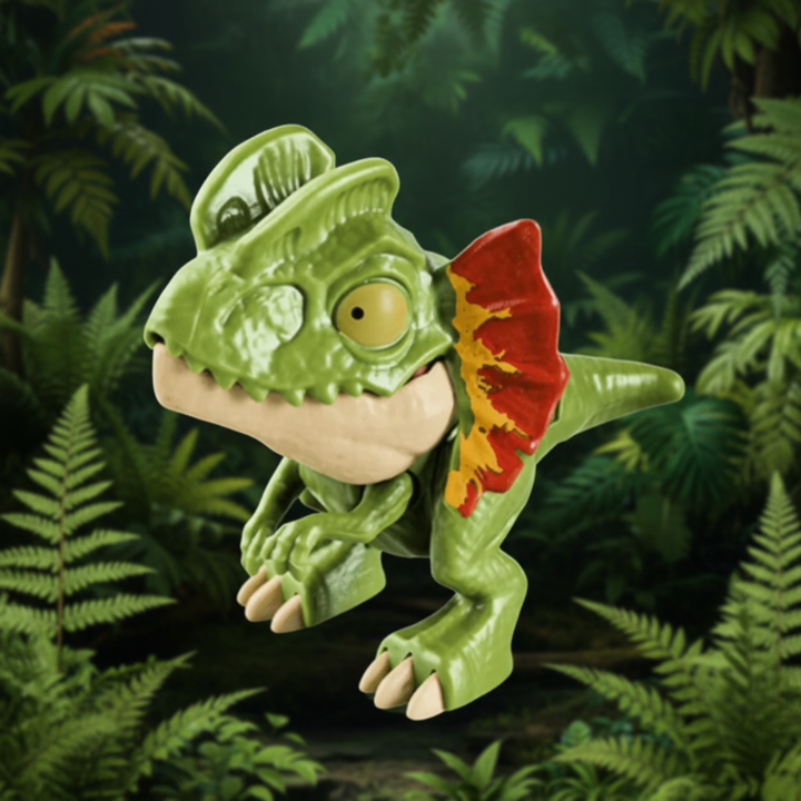Green Dilophosaurus toy with a red-and-yellow neck frill in a leafy setting