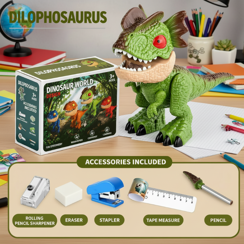 Green Dilophosaurus stationery figure with its box and included stationery tools