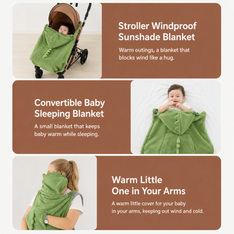 Green dinosaur cover shown on a stroller, as a blanket and over a baby carrier
