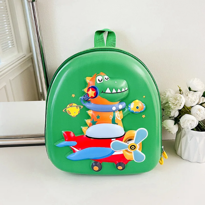 Green dinosaur backpack with a cartoon dinosaur and red airplane