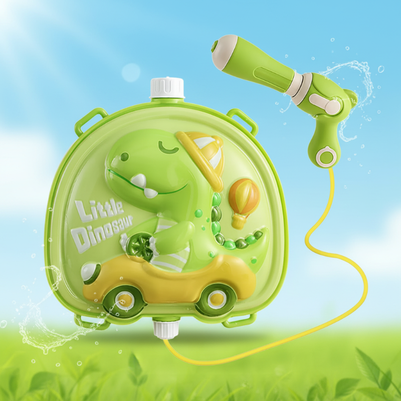 Green dinosaur backpack water tank with matching green water gun and hose