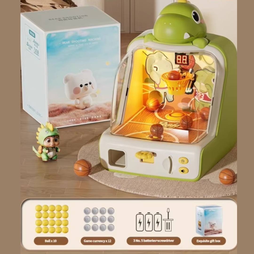Green dinosaur basketball game with a digital score display, illuminated court, and retail box
