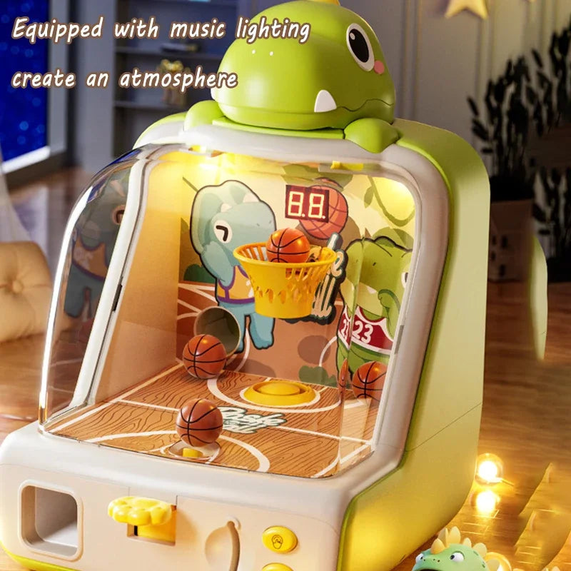 Green dinosaur basketball game with an illuminated court and digital score display