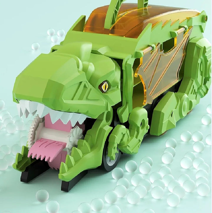 Green dinosaur car carrier with an open mouth, amber panels, and a top carry handle