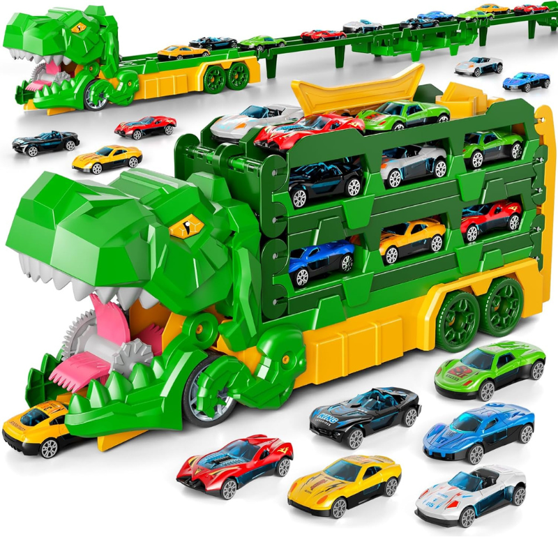 Green dinosaur transport truck with side car storage, an extended racetrack, and racing cars.