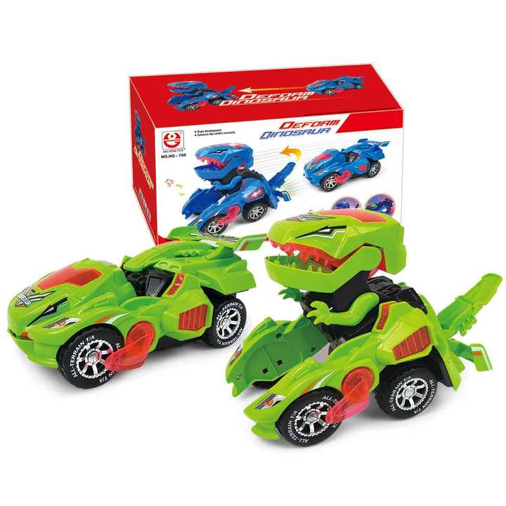 Green transforming toy car in car and dinosaur robot modes beside its box