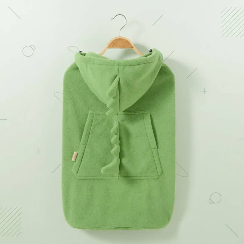 Green dinosaur baby carrier cover hanging from a hanger with its hood and pocket visible