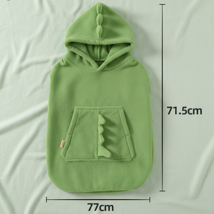 Green dinosaur cover measurement graphic labeled 77 cm wide and 71.5 cm long