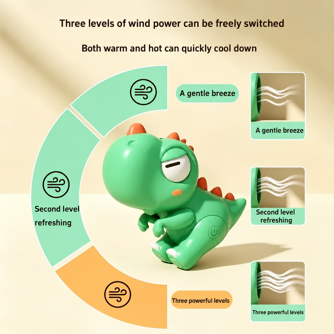 Green dinosaur food fan graphic showing three adjustable airflow levels