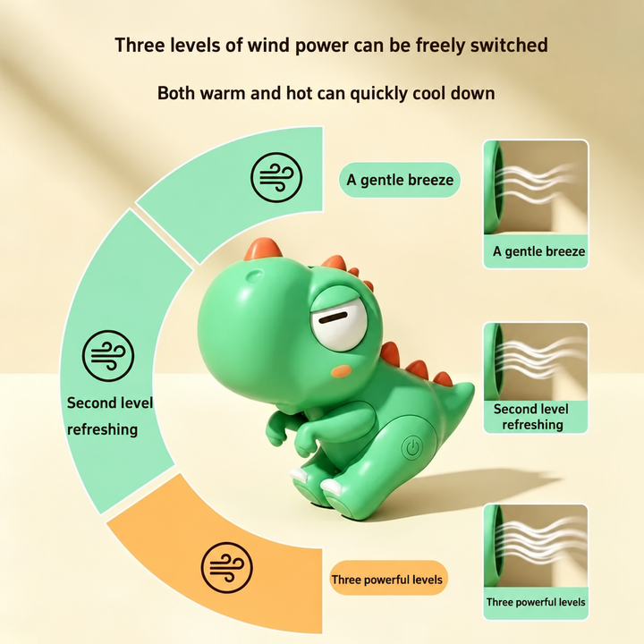 Green dinosaur food fan graphic showing three adjustable airflow levels