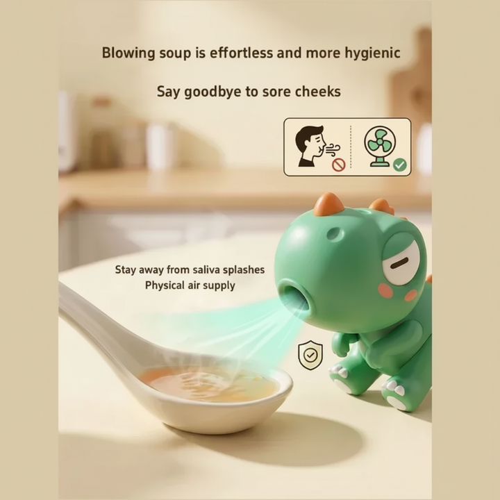 Green dinosaur food cooling fan directing illustrated airflow across a spoonful of food