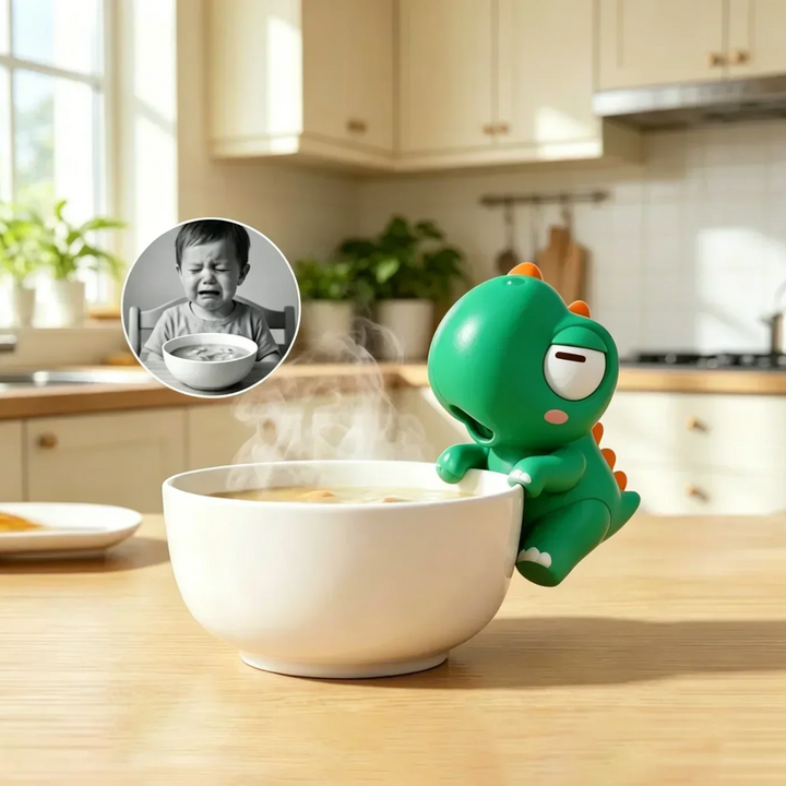 Green dinosaur food cooling fan perched on a steaming white bowl