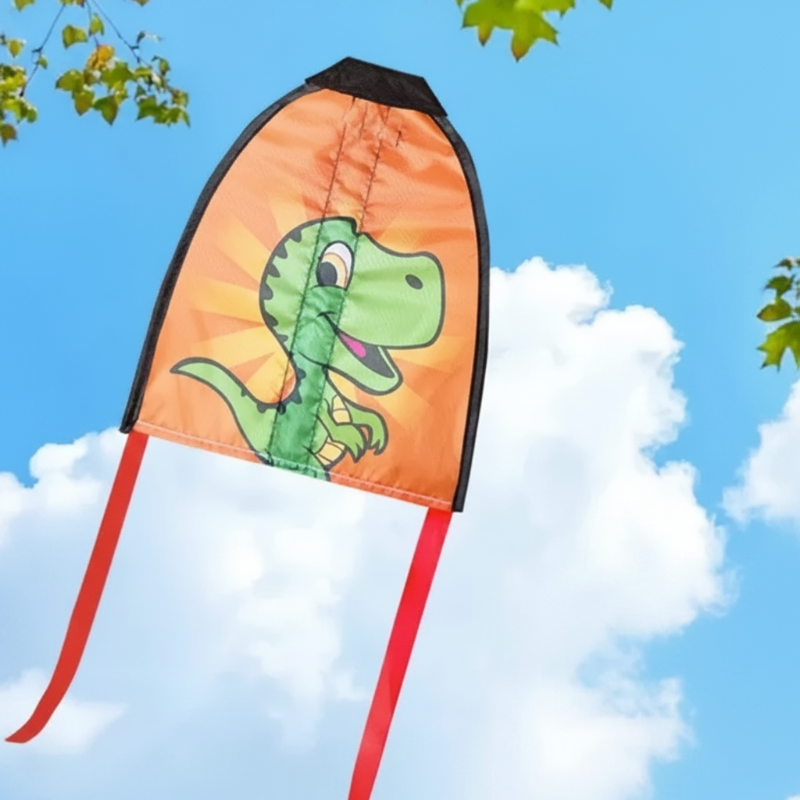 Green dinosaur handheld kite with an orange background and red ribbon tails