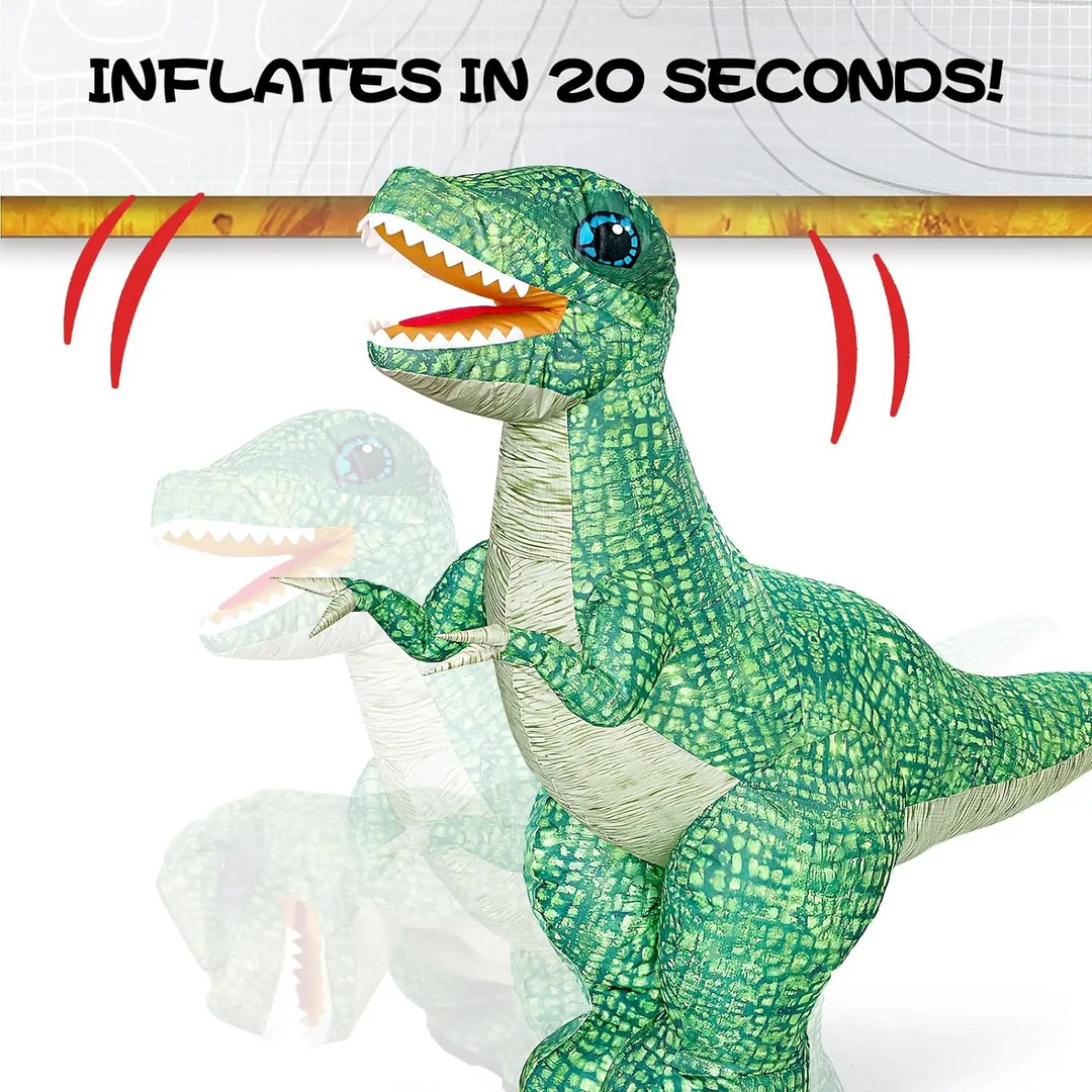 Green inflatable dinosaur graphic illustrating inflation with an upright body and raised head.