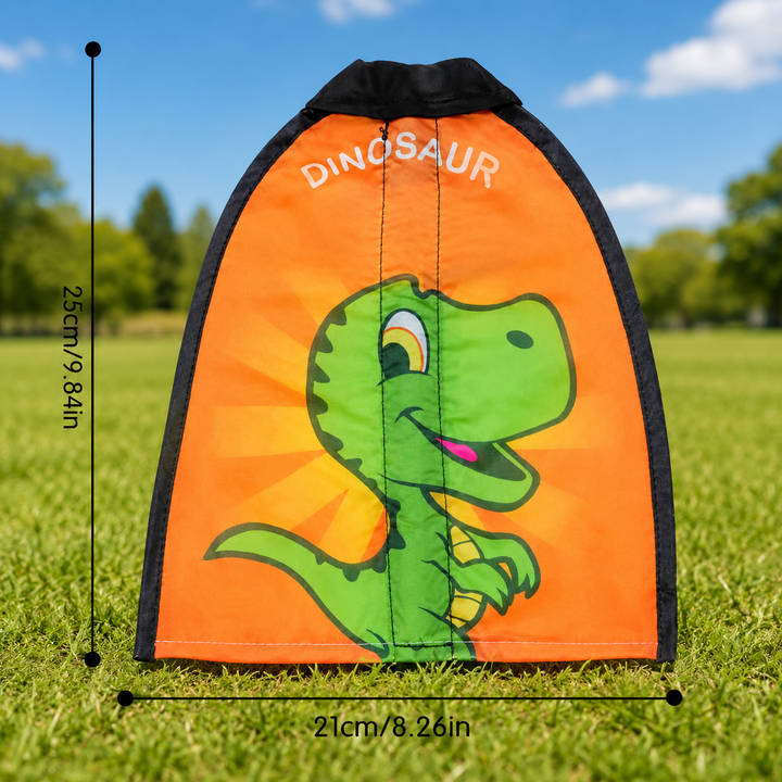 Green dinosaur kite with measurements of 25 cm tall and 21 cm wide