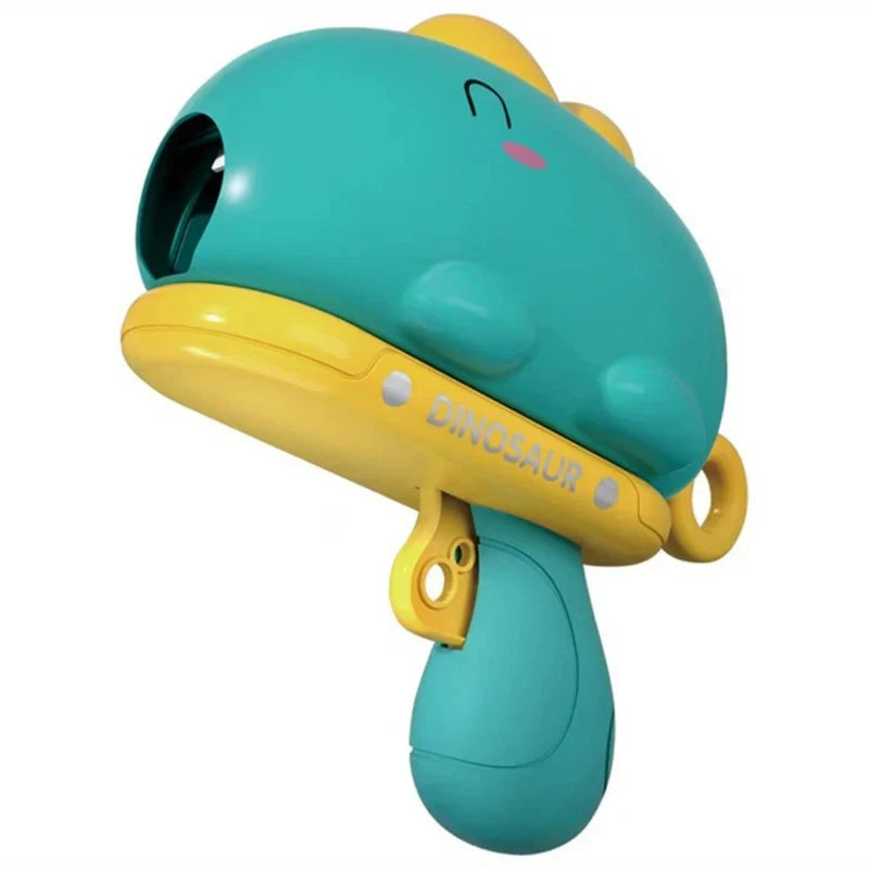Green dinosaur ball launcher with yellow trim and a ring at the back