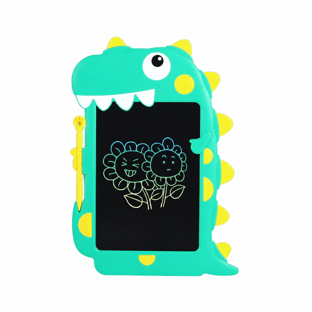 Green dinosaur LCD drawing tablet with flower drawings and a yellow stylus