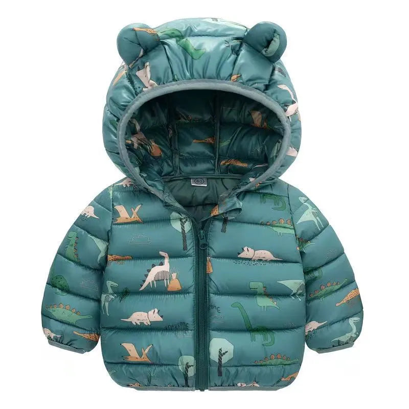 Green dinosaur-print quilted jacket with rounded hood ears and a front zipper