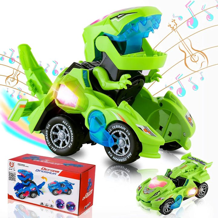 Green toy car shown in dinosaur robot and car modes with lights and packaging