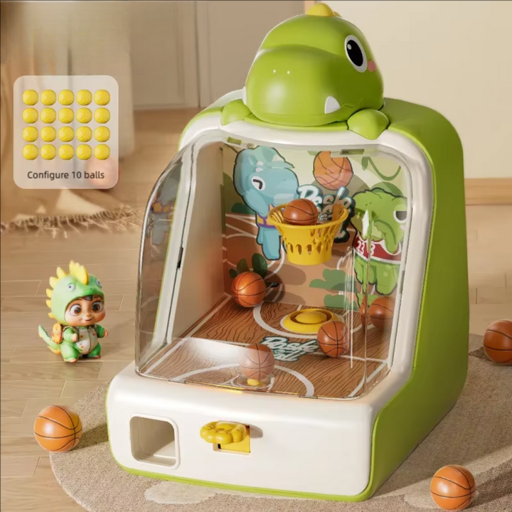 Green dinosaur tabletop basketball game with a clear front and mini basketballs