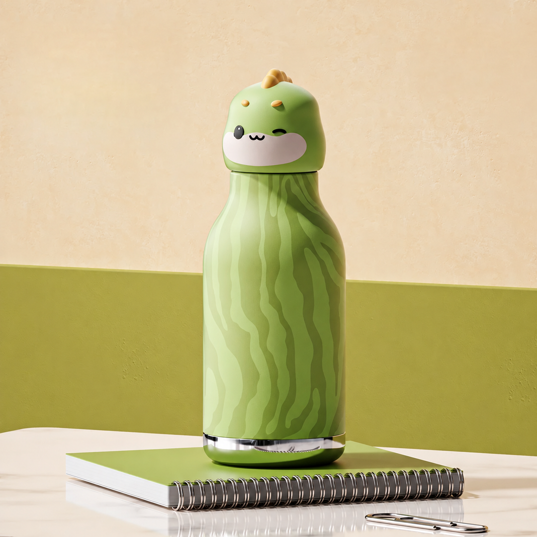 Green dinosaur thermos bottle with a wavy-patterned body and dinosaur-head cap