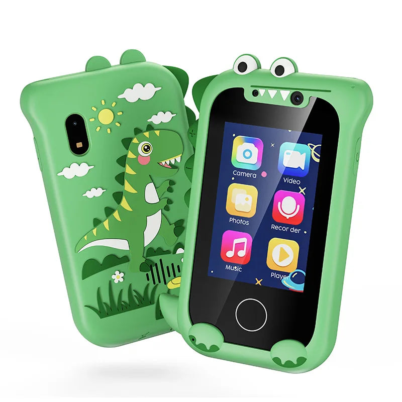 Green dinosaur toy phone showing its touchscreen front and decorated back