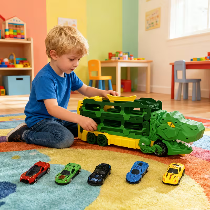 Child playing with a green dinosaur transport truck beside colorful racing cars.