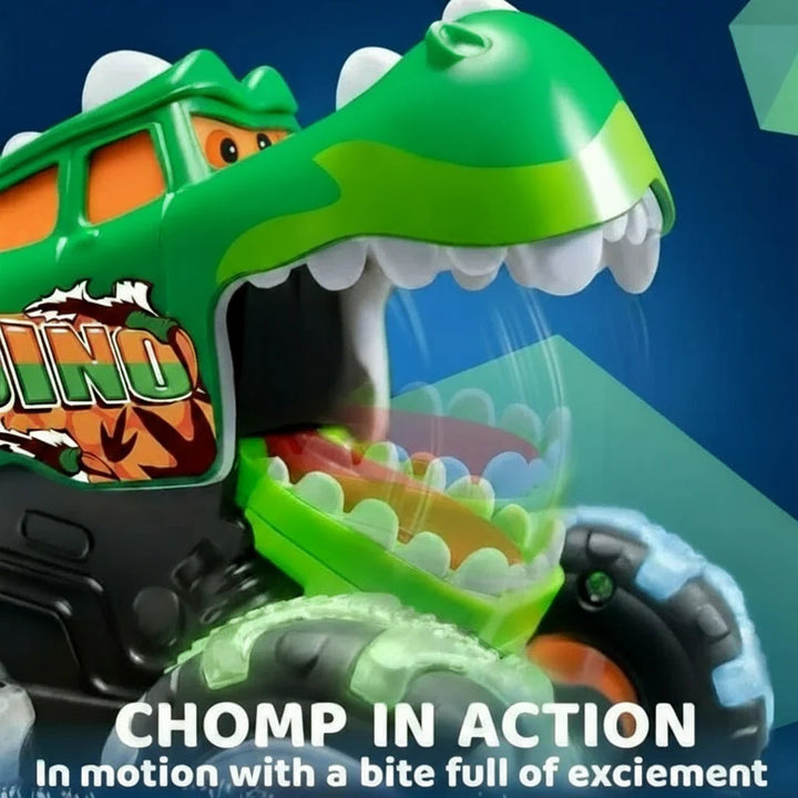 Close-up of a green dinosaur monster truck with an open toothy mouth