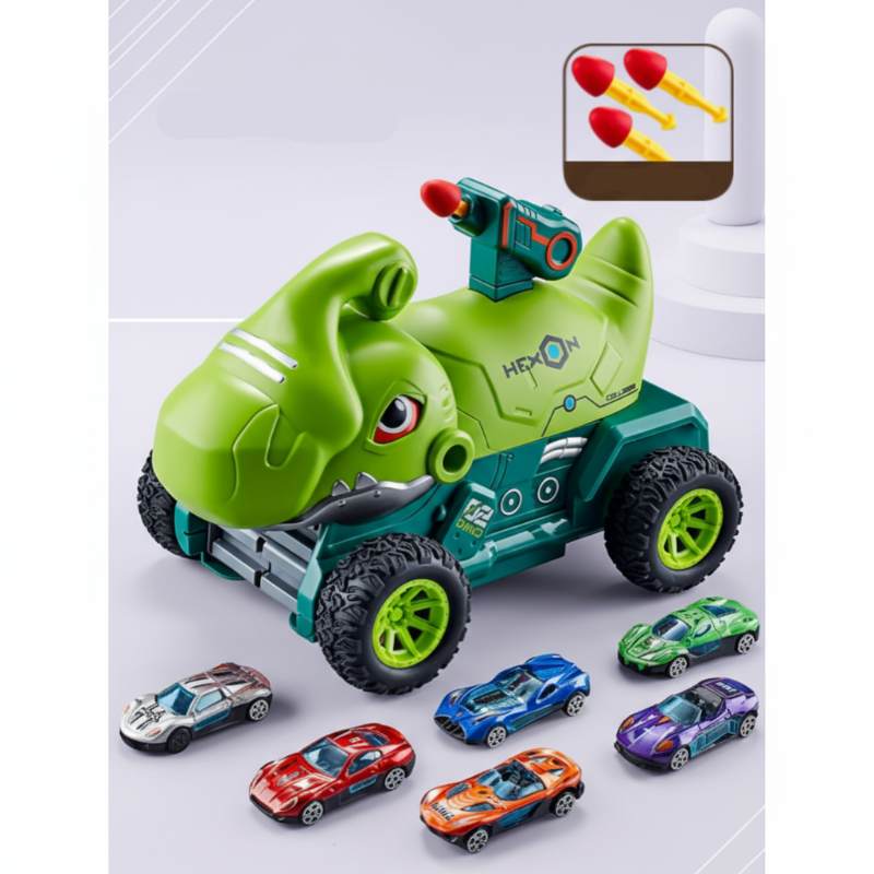 Green dinosaur vehicle set shown with six colorful mini cars and three darts