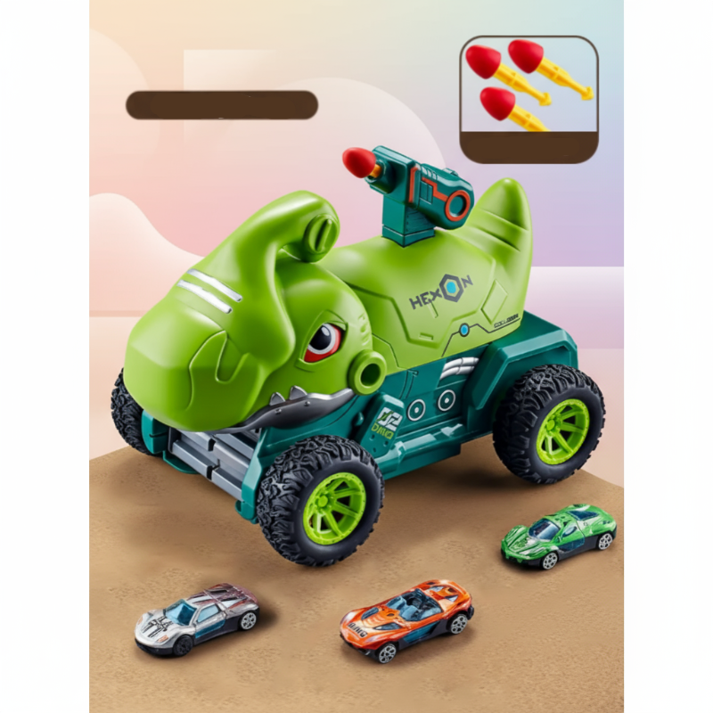 Green dinosaur toy car set shown with three mini cars and three darts