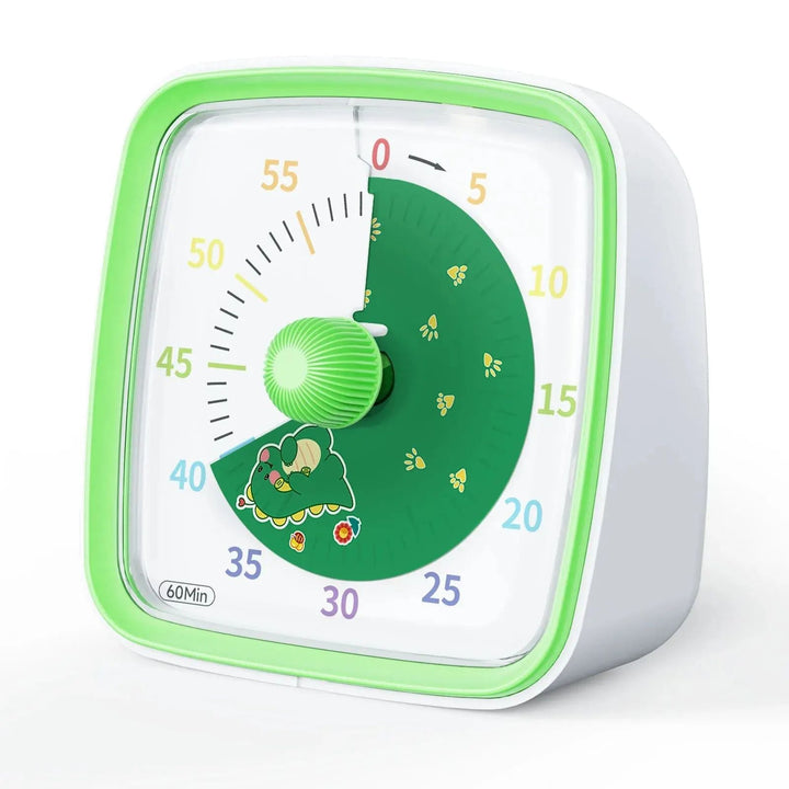 Green visual timer with a dinosaur countdown disk, matching rotary knob, and colorful minute markings