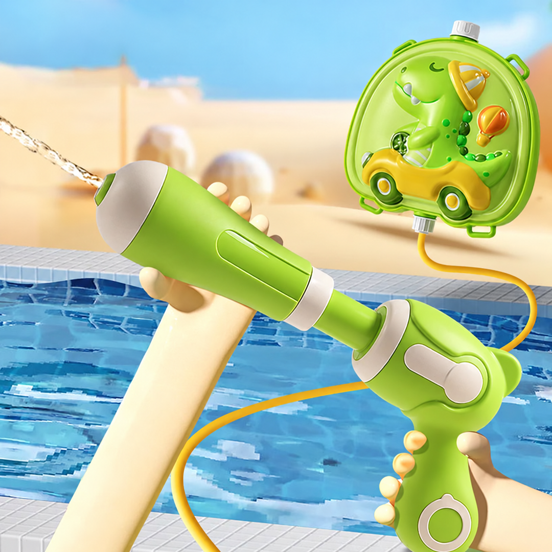 Green dinosaur backpack water blaster with a connected gun spraying beside a pool